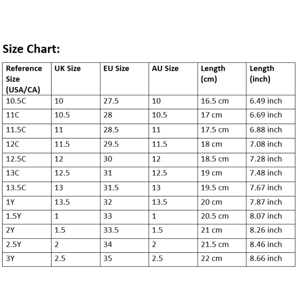 Nike 1y spindly size chart